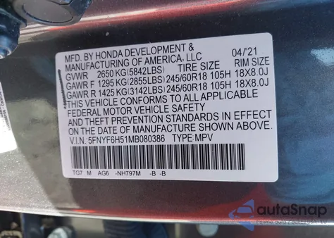 2021 Honda Pilot Awd Ex-L z USA, uszkodzony, nr VIN 5FNYF6H51MB080386